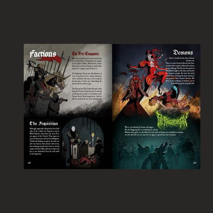 A dark fantasy RPG book open to pages displaying knights, an inquisition, demons, and shadowy creatures