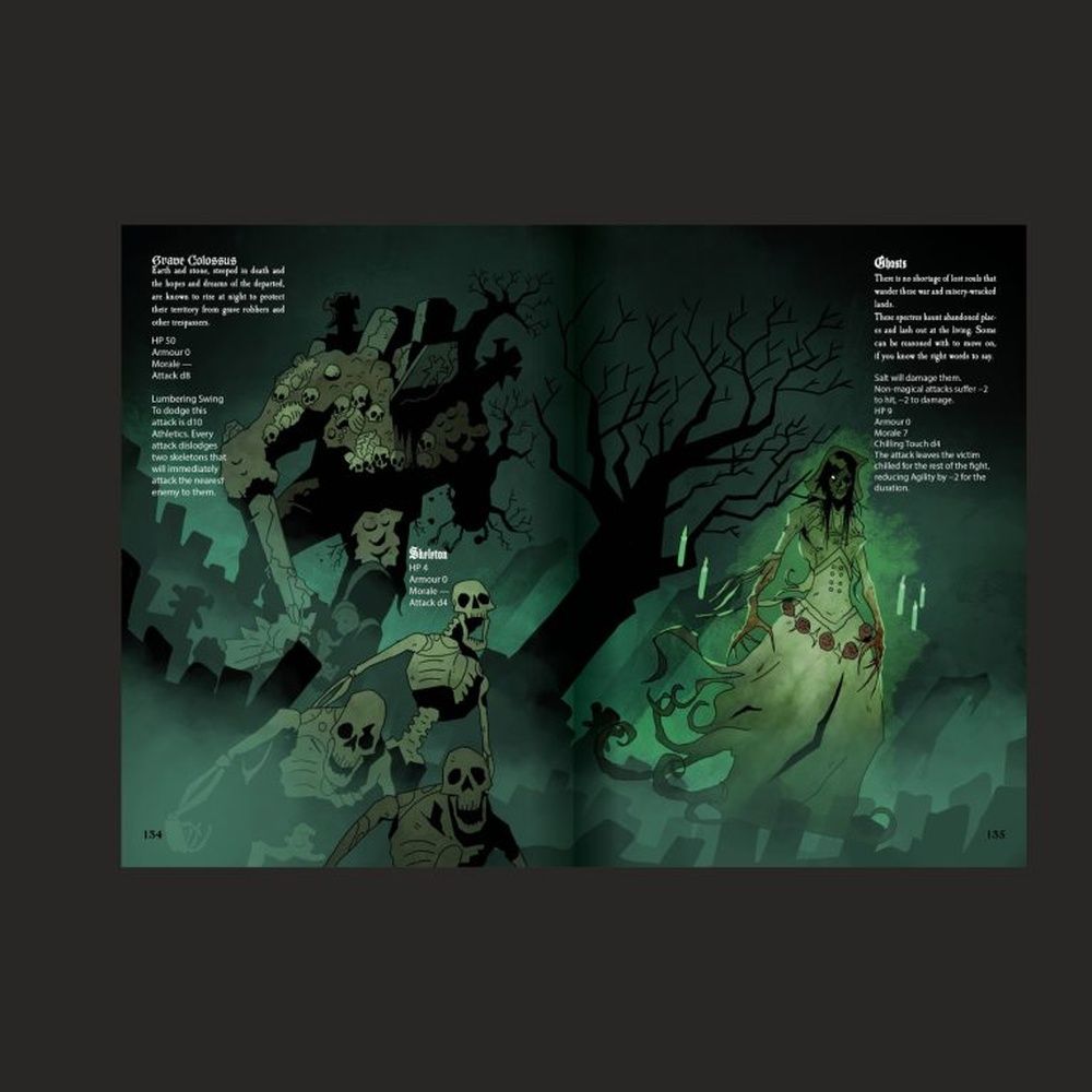 Fantasy monster manual: A giant golem, skeletons, and a ghostly woman in a dark, eerie setting