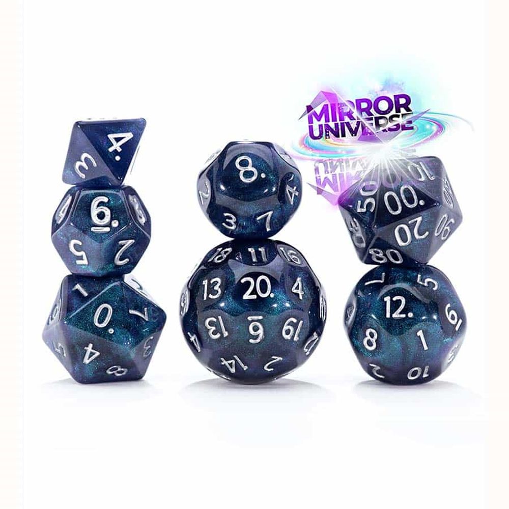 Three stacks of dark blue glitter polyhedral dice with white numbers