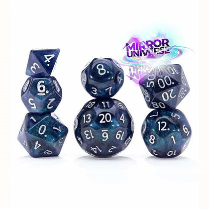 Three stacks of dark blue glitter polyhedral dice with white numbers