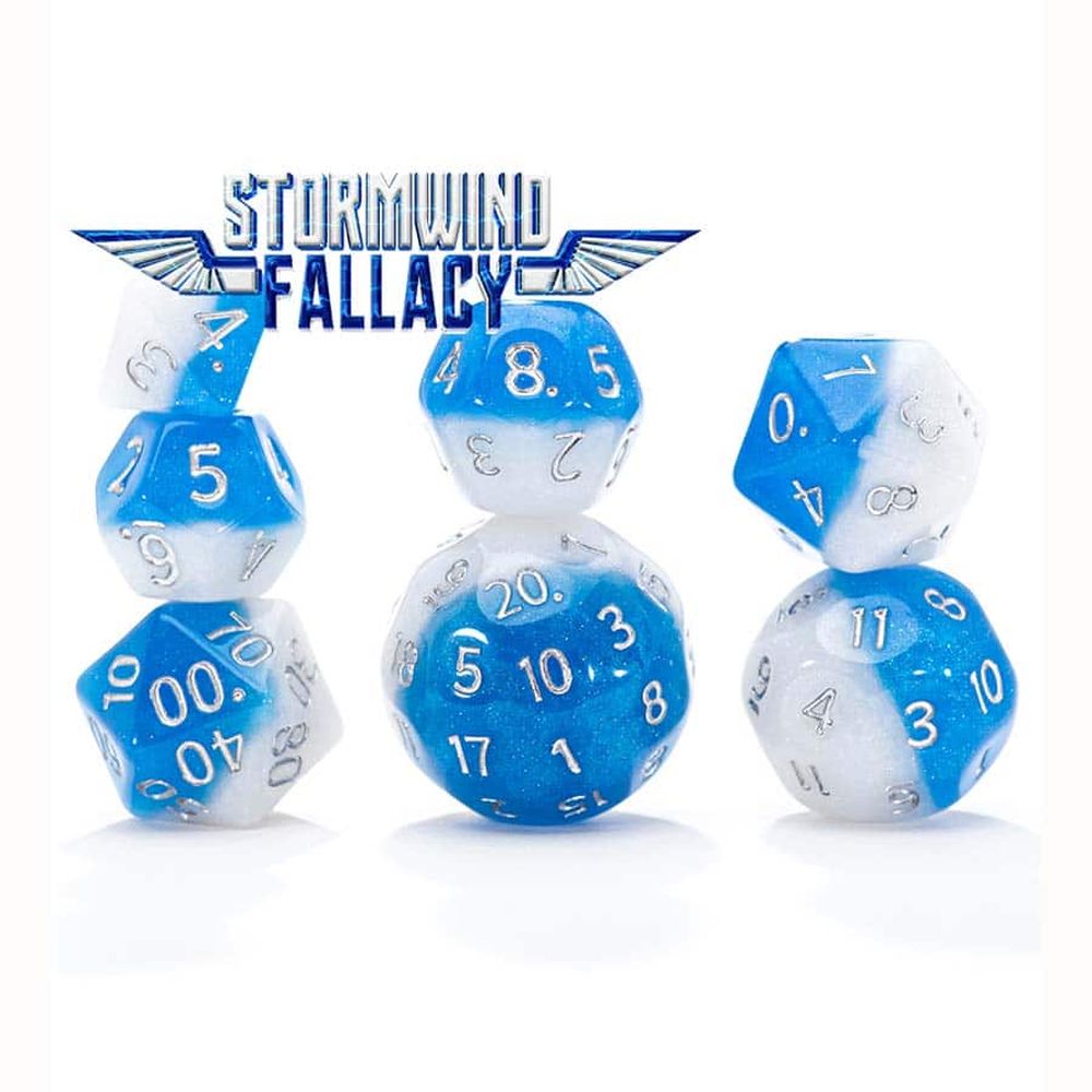 Three stacks of blue and white marbled polyhedral dice