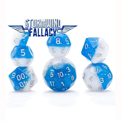 Three stacks of blue and white marbled polyhedral dice