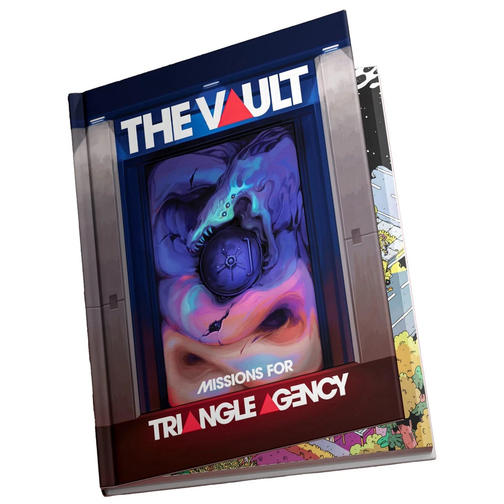 The cover for The Vault Missions book shows a purple dragon creature wrapped around a safe dial within a vault door frame, with Triangle Agency text