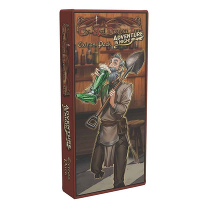 The Red Dragon Inn Extras Pack game box. A bearded man drinks from a green boot, holding a shovel