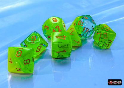 Chessex - CHX 26470 Gemini Plasma Green-Teal/orange Luminary Polyhedral 7-Dice Set (Preorder) - Good Games