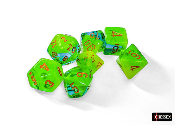 Chessex - CHX 26470 Gemini Plasma Green-Teal/orange Luminary Polyhedral 7-Dice Set (Preorder) - Good Games
