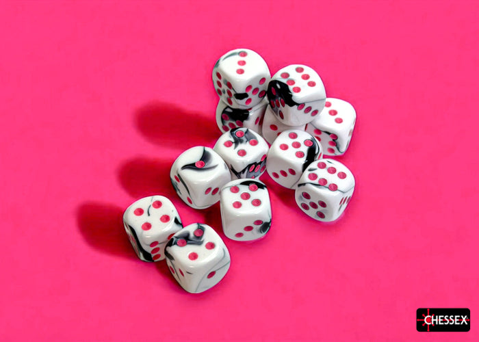 Chessex - CHX 26669 Gemini Black-White/pink 16mm d6 Dice Block (12 dice) (Preorder)