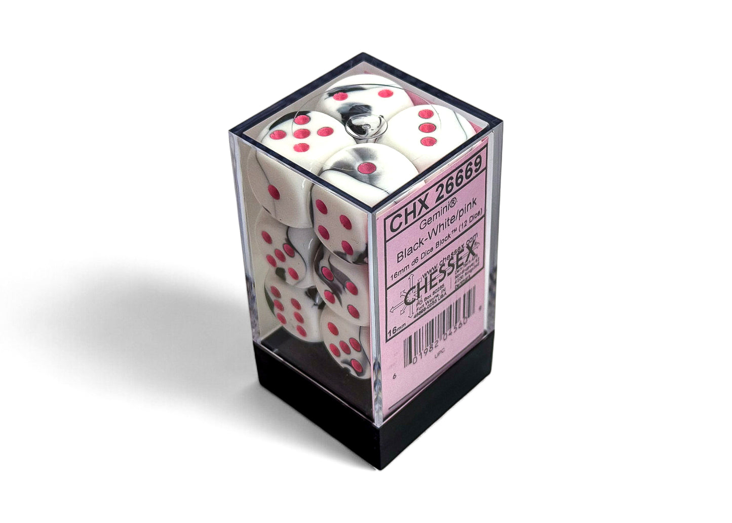 Chessex - CHX 26669 Gemini Black-White/pink 16mm d6 Dice Block (12 dice) (Preorder) - Good Games