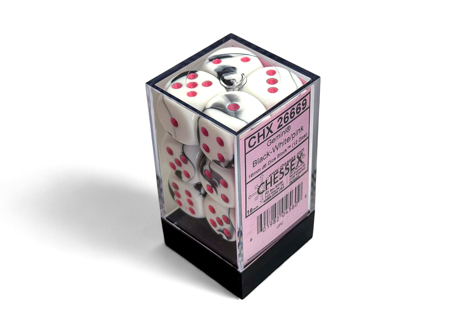 Chessex - CHX 26669 Gemini Black-White/pink 16mm d6 Dice Block (12 dice) (Preorder) - Good Games