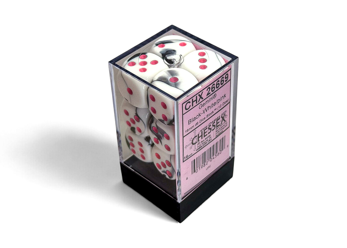 Chessex - CHX 26669 Gemini Black-White/pink 16mm d6 Dice Block (12 dice) (Preorder)
