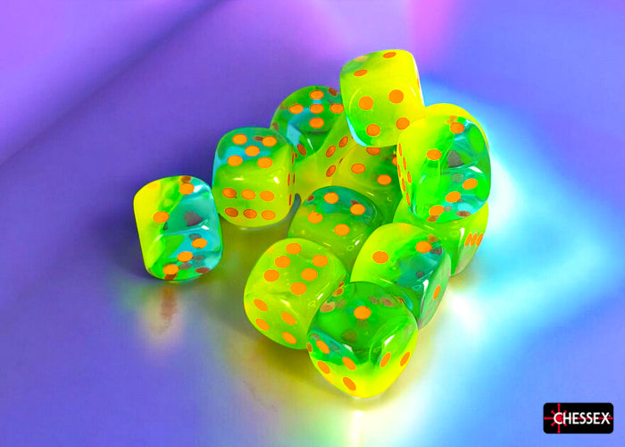 Chessex - CHX 26670 Gemini Plasma Green-Teal/orange Luminary 16mm d6 Dice Block (12 dice) (Preorder)