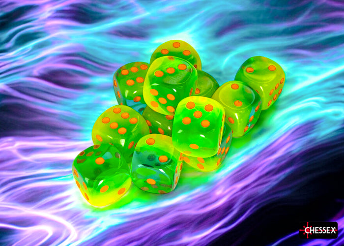 Chessex - CHX 26670 Gemini Plasma Green-Teal/orange Luminary 16mm d6 Dice Block (12 dice) (Preorder)