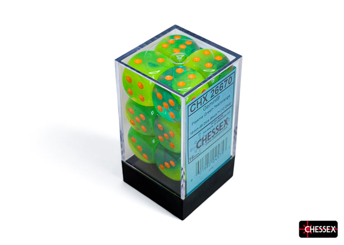Chessex - CHX 26670 Gemini Plasma Green-Teal/orange Luminary 16mm d6 Dice Block (12 dice) (Preorder)