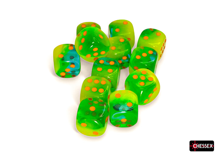 Chessex - CHX 26670 Gemini Plasma Green-Teal/orange Luminary 16mm d6 Dice Block (12 dice) (Preorder)