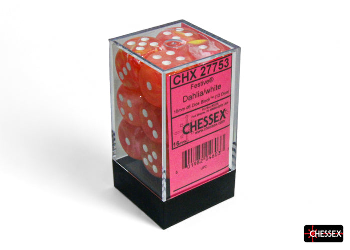 Chessex - CHX 27753 Festive Dahlia/white 16mm d6 Dice Block (12 dice) (Preorder)
