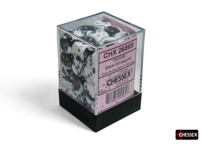 Chessex - CHX 26869 Gemini Black-White/pink 12mm d6 Dice Block (36 dice) (Preorder) - Good Games