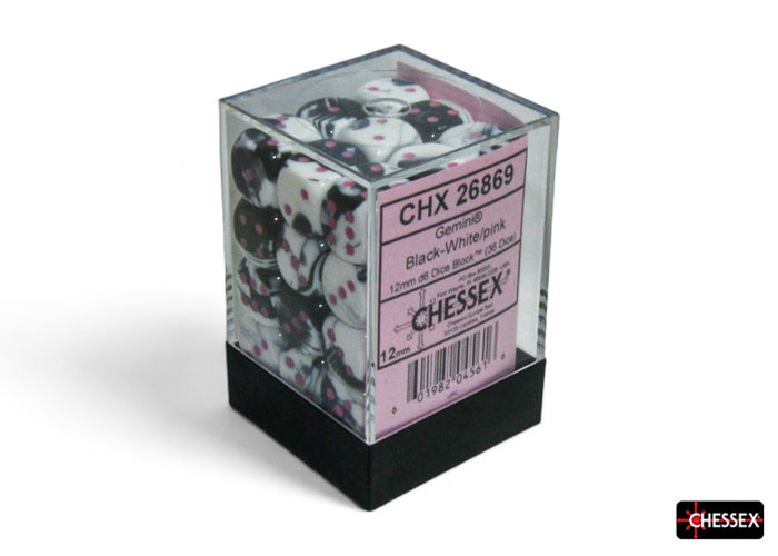 Chessex - CHX 26869 Gemini Black-White/pink 12mm d6 Dice Block (36 dice) (Preorder)