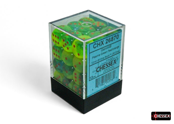 Chessex - CHX 26870 Gemini Plasma Green-Teal/orange Luminary 12mm d6 Dice Block (36 dice) (Preorder)