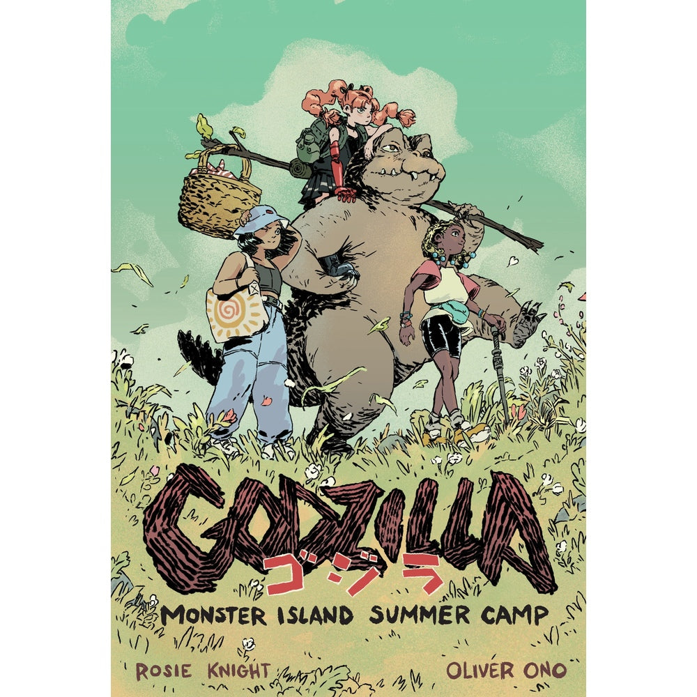 Cartoon monster carries girl, two others hike in a grassy field. "Godzilla Monster Island Summer Camp"