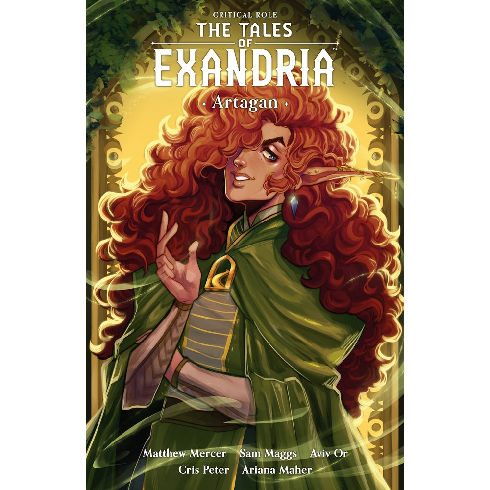 Critical Role Tales of Exandria Artagan book cover features a smiling, pointed-eared elf with voluminous auburn hair and a green cape against an ornate leafy archway