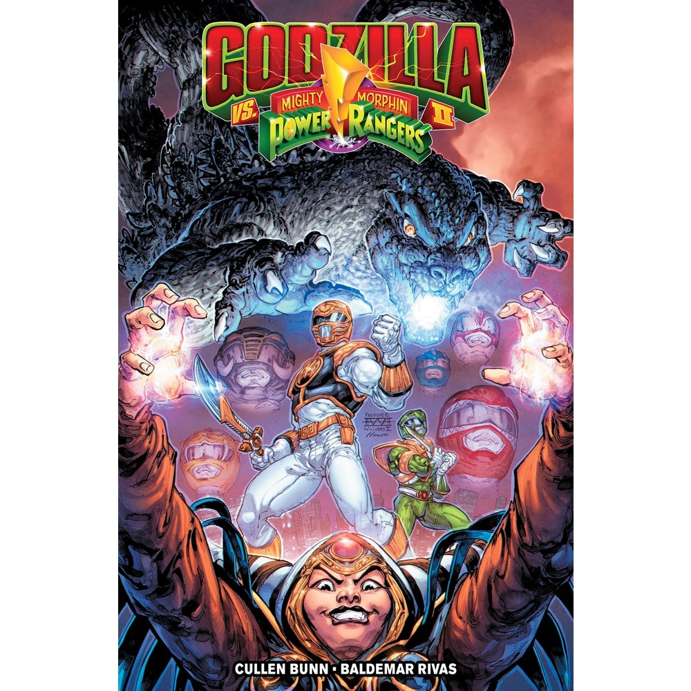 Comic cover: Godzilla breathes blue atomic fire over Lord Drakkon, a Green Ranger, and a grinning female villain casting energy
