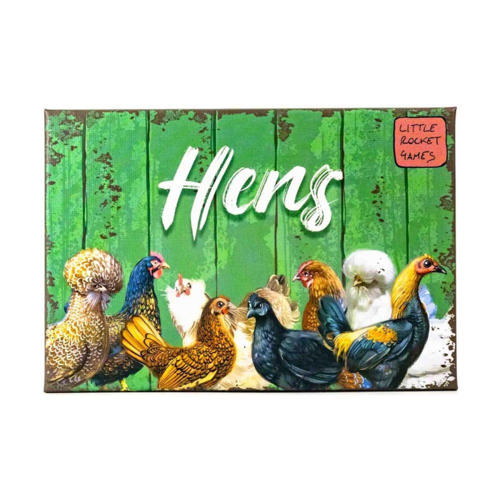 Game box cover for &quot;Hens&quot; featuring a diverse group of chickens against a green wooden fence.