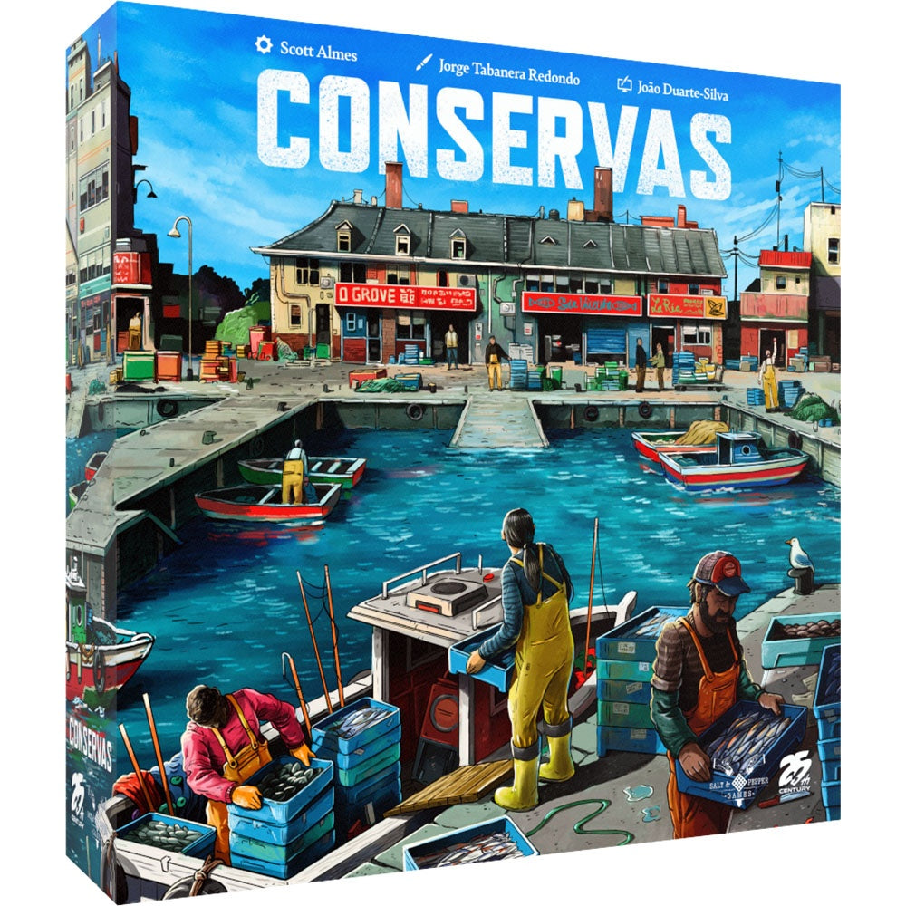 Conservas board game cover depicting a bustling fishing harbor with people loading fish, boats in the water, and buildings lining the shore