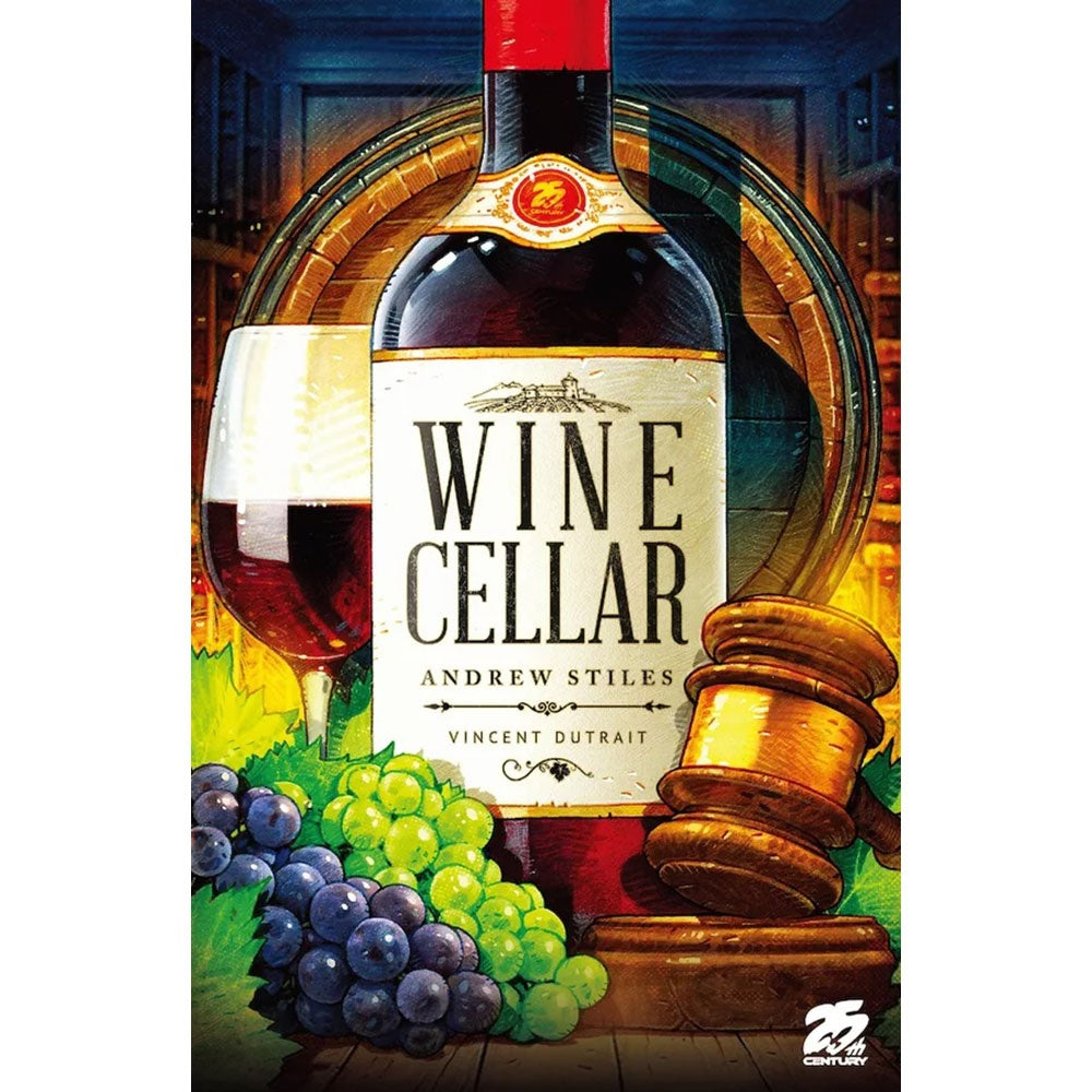 The Wine Cellar game box depicts a red wine bottle, a glass of wine, purple and green grapes, a gavel, and a barrel