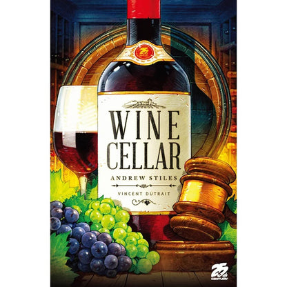 The Wine Cellar game box depicts a red wine bottle, a glass of wine, purple and green grapes, a gavel, and a barrel