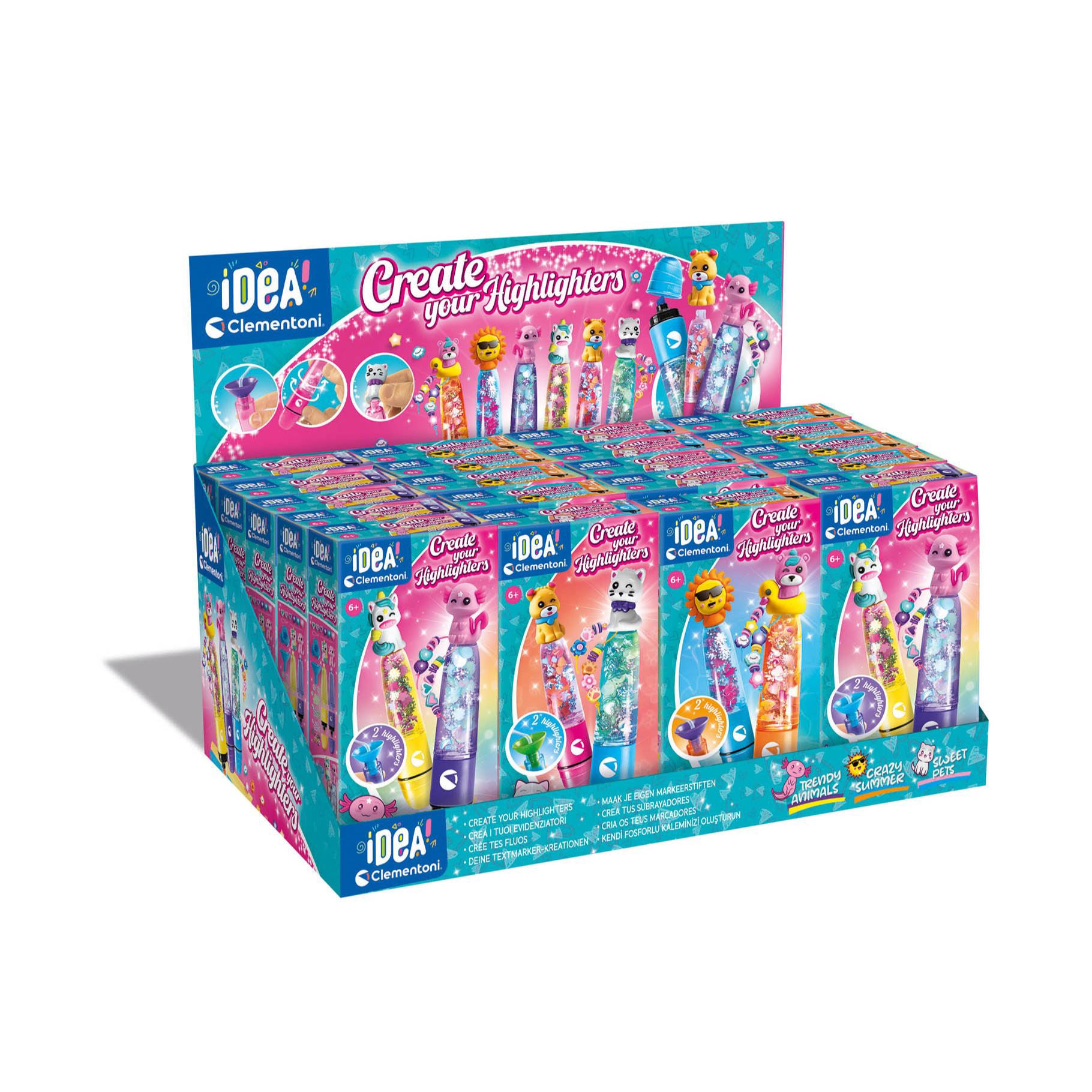 A display of Clementoni "Create your Highlighters" craft kits with colorful, animal-themed pens