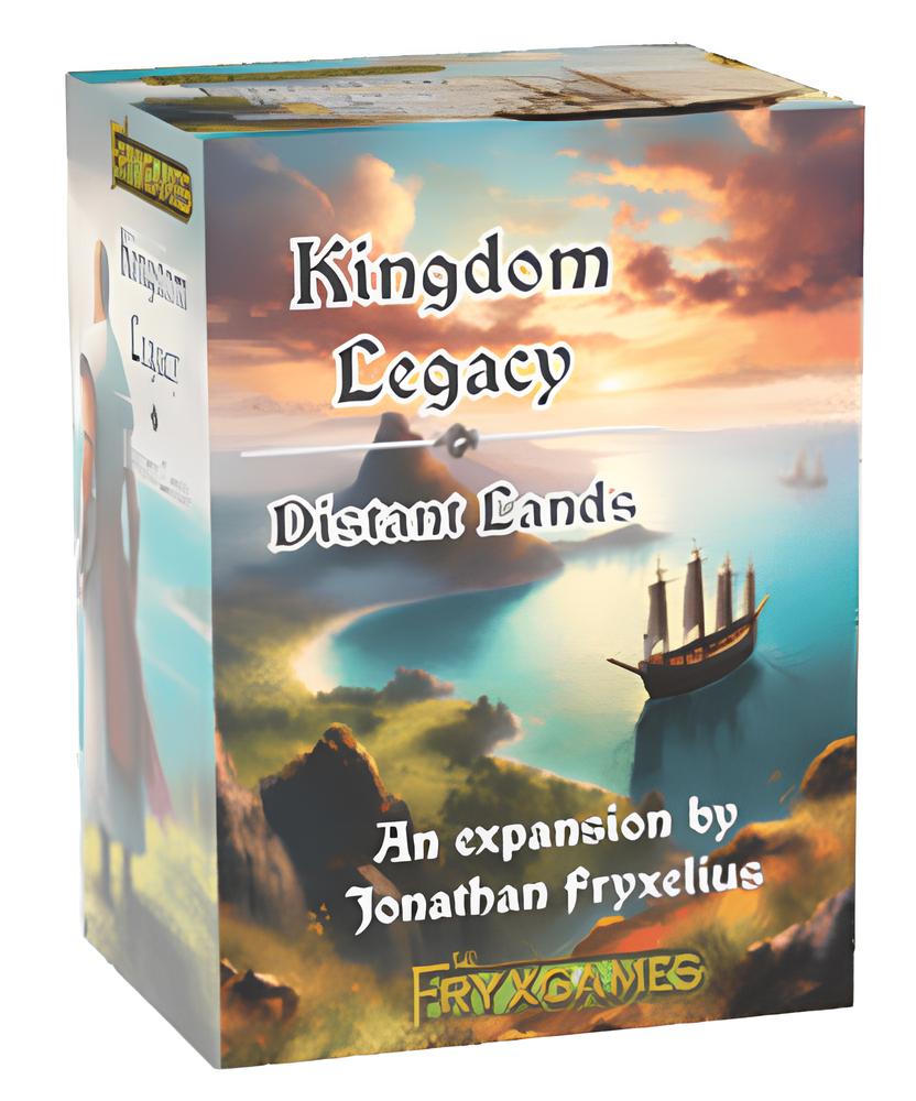 The Kingdom Legacy Distant Lands game box shows a scenic ocean with islands, a large sailing ship, and a glowing orange and blue sky