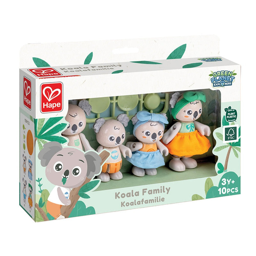 Hape Koala Family playset box, with four dressed koala figures visible. Green box has leaf designs and a koala graphic.