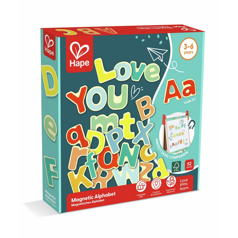 Hape Magnetic Alphabet box features colourful letters like 'Love YOU' & 'Aa'. For ages 3-6, 52 pieces.