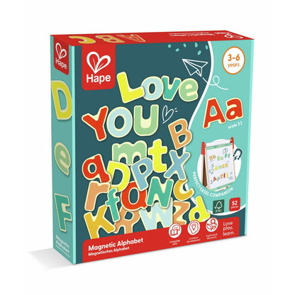 Hape Magnetic Alphabet box features colourful letters like 'Love YOU' & 'Aa'. For ages 3-6, 52 pieces.