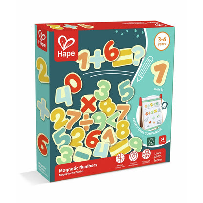 Hape Magnetic Numbers educational toy box, with colourful numbers, math symbols, and "1+6=?" displayed on its teal front.