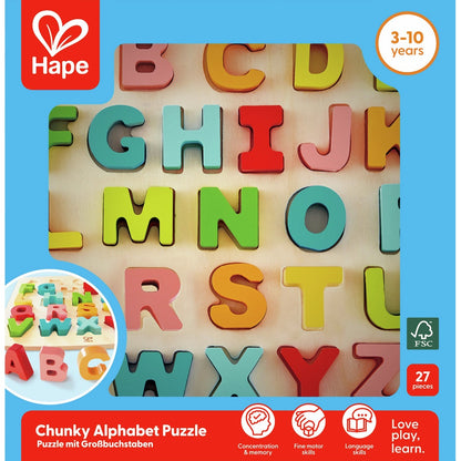 Hape wooden chunky alphabet puzzle with colourful uppercase letters.