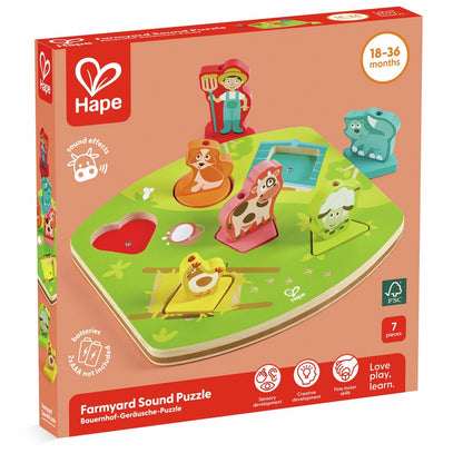 Hape Farmyard Sound Puzzle: Wooden peg puzzle with a farmer and farm animal pieces that activate sounds.