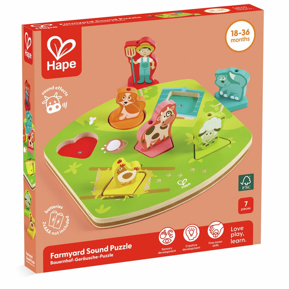 Hape Farmyard Sound Puzzle: Wooden peg puzzle with a farmer and farm animal pieces that activate sounds.