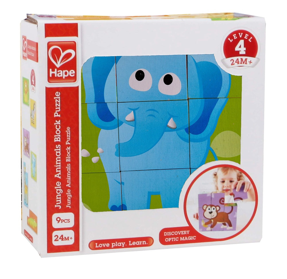Hape 9-piece Jungle Animals Block Puzzle box (24M+). Displays an assembled blue elephant and a child assembling a monkey.