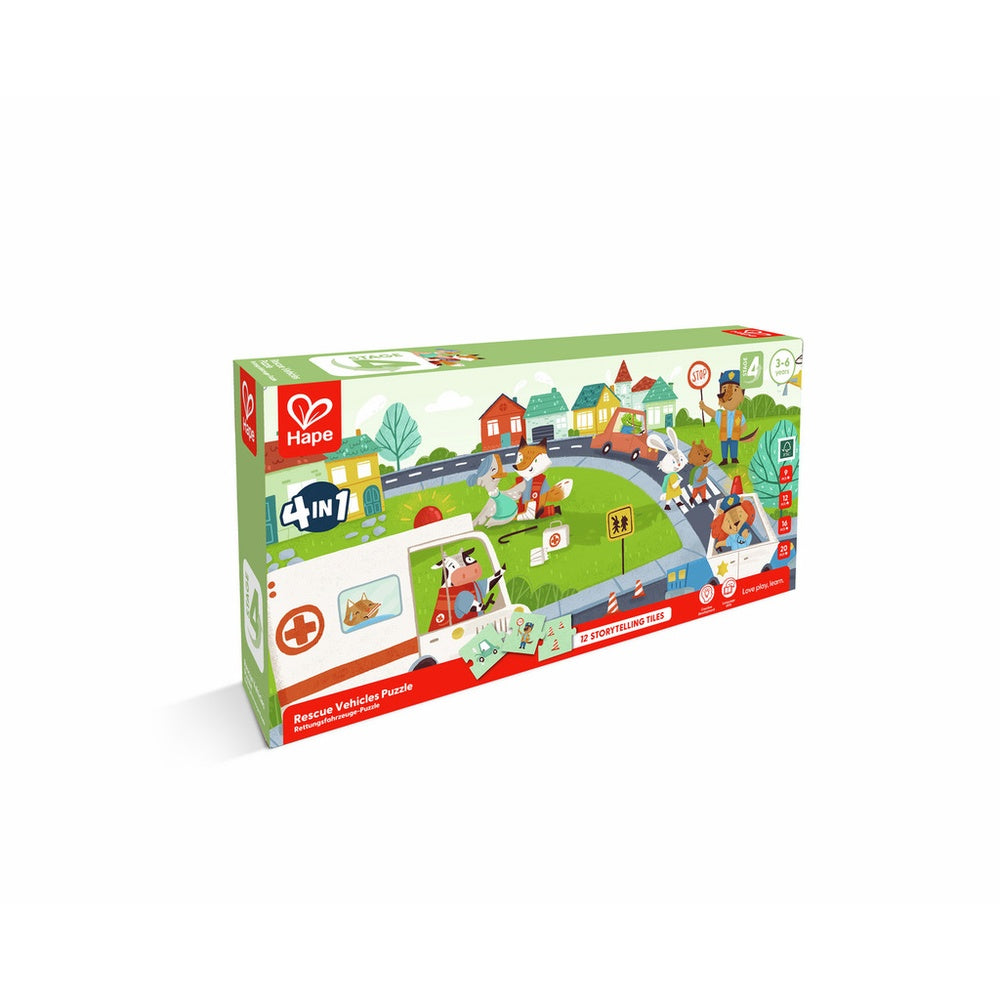 Hape '4 in 1 Rescue Vehicles Puzzle' box. Its colourful illustration shows cartoon animals driving emergency vehicles in a town.