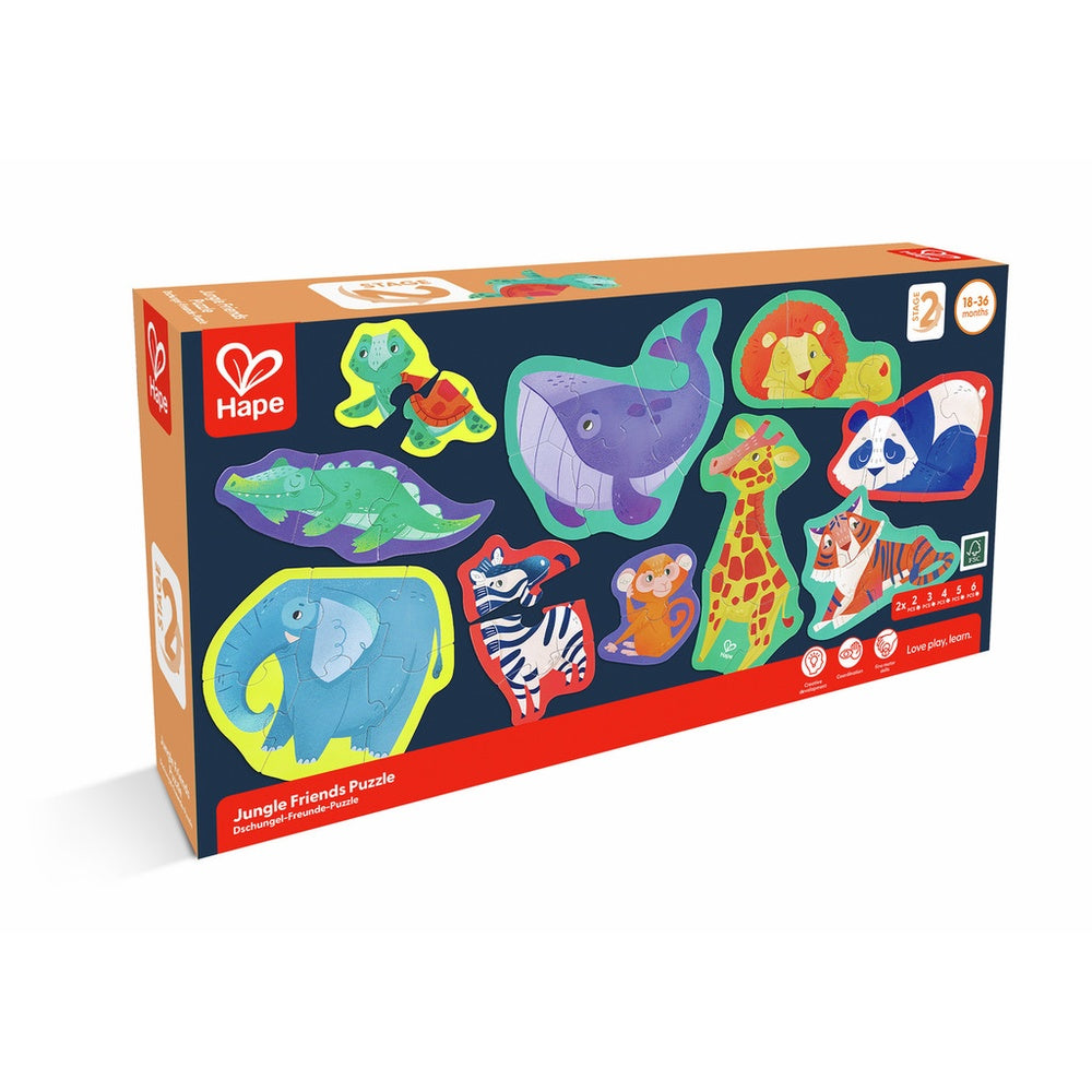 Hape Jungle Friends Puzzle box with colourful animal-shaped pieces: elephant, whale, lion, panda, giraffe, tiger.