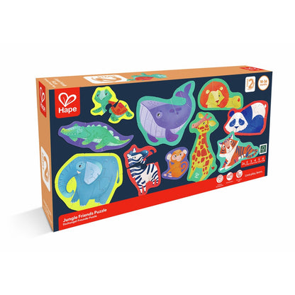 Hape Jungle Friends Puzzle box with colourful animal-shaped pieces: elephant, whale, lion, panda, giraffe, tiger.