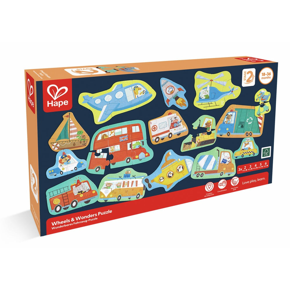 Hape 'Wheels & Wonders Puzzle' box displays colourful, animal-driven vehicle pieces: airplane, bus, fire truck, and more.