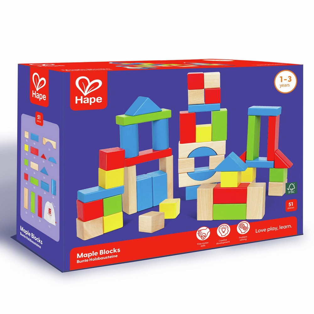 Blue box of Hape Maple Blocks showing 51 colourful wooden blocks arranged as playful structures. For ages 1-3.