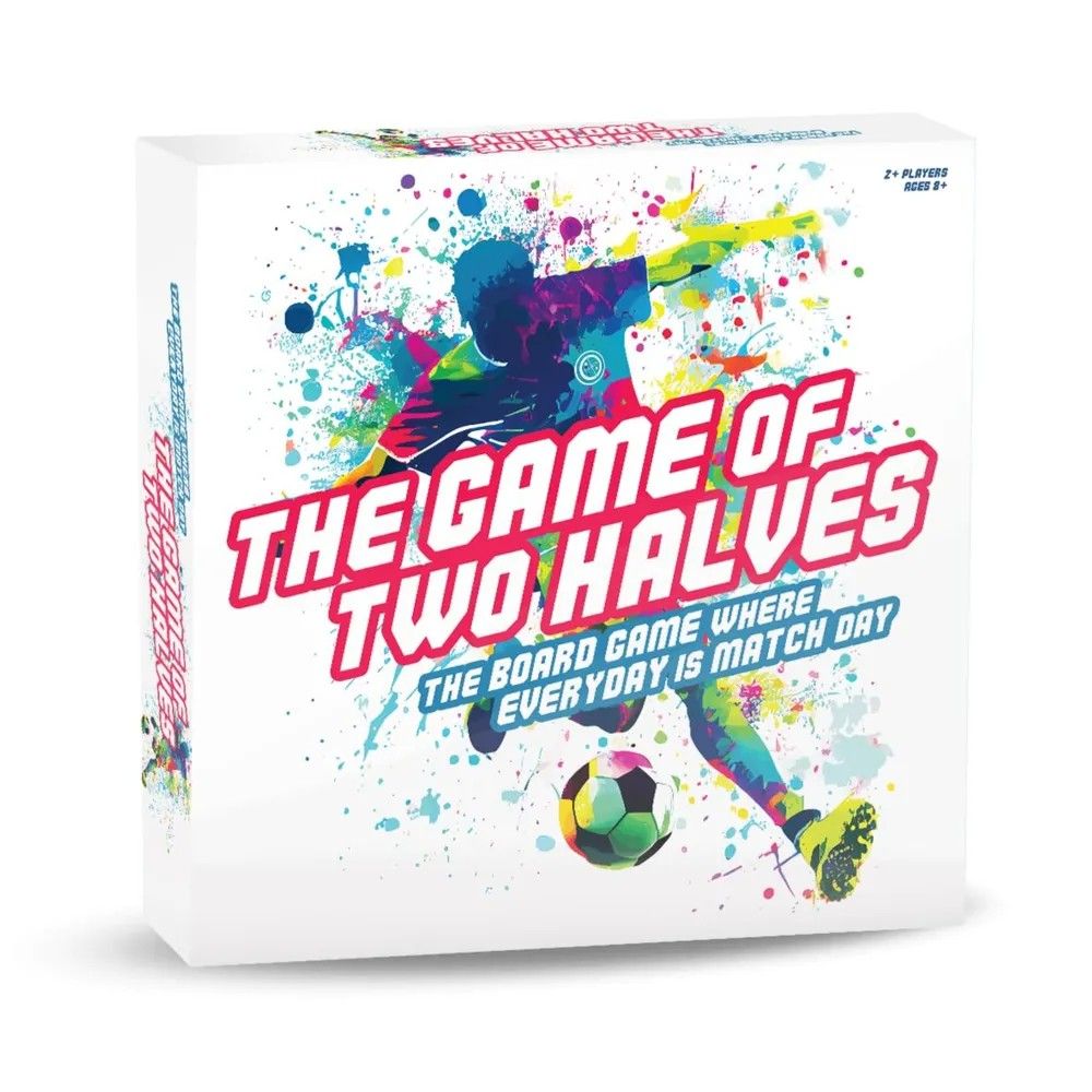 Box art for "The Game of Two Halves" board game, featuring a colorful, stylized soccer player and ball