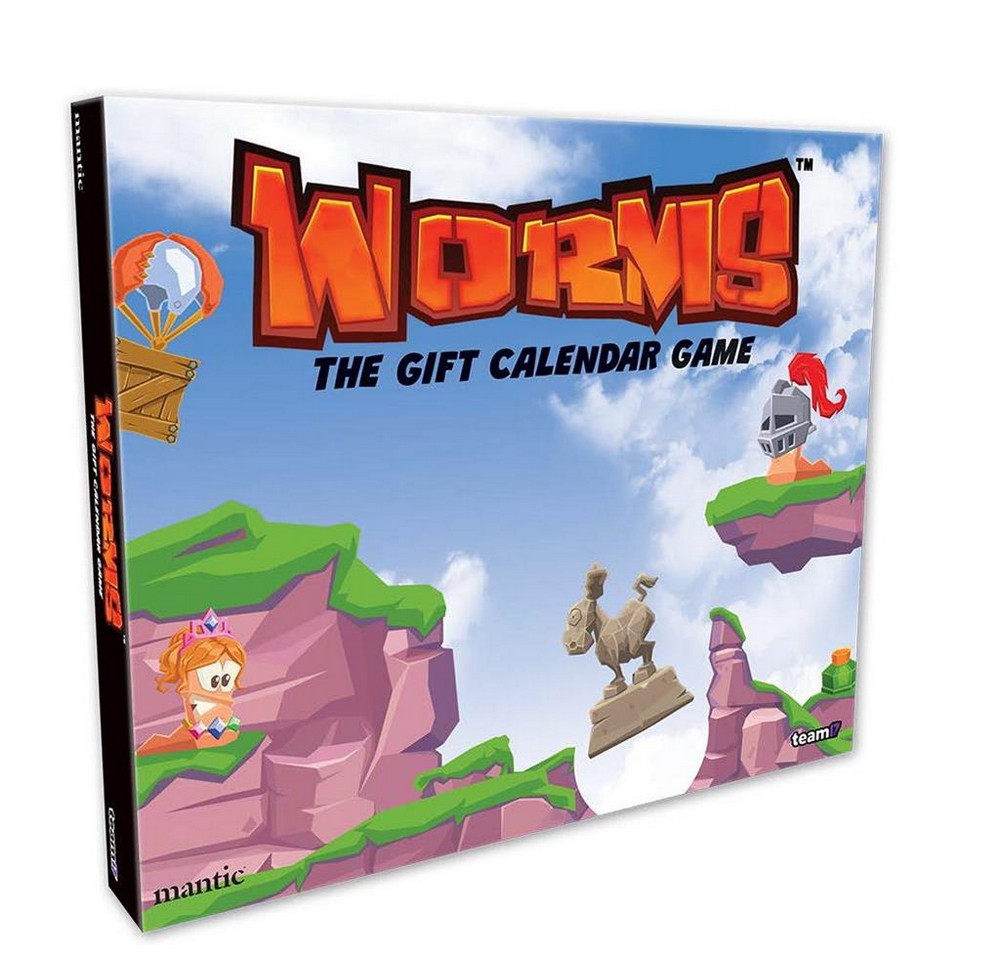 Box for Worms: The Gift Calendar Game, depicting stylized worms on floating terrain