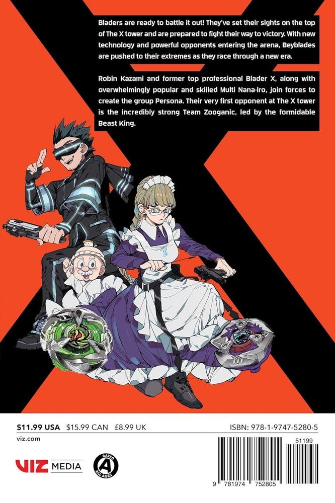 Manga cover: Three Bladers, two holding launchers, pose dynamically with their Beyblades. Red and black background