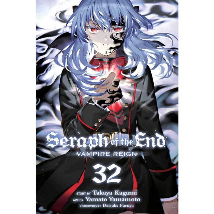 Seraph of the End Volume 32 book cover shows a character with light blue hair, red eyes, and black markings, wearing a dark uniform and holding a glowing red light
