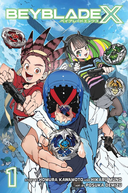 Manga cover: Three dynamic Beyblade X characters, led by a helmeted boy, holding launchers and Beyblades