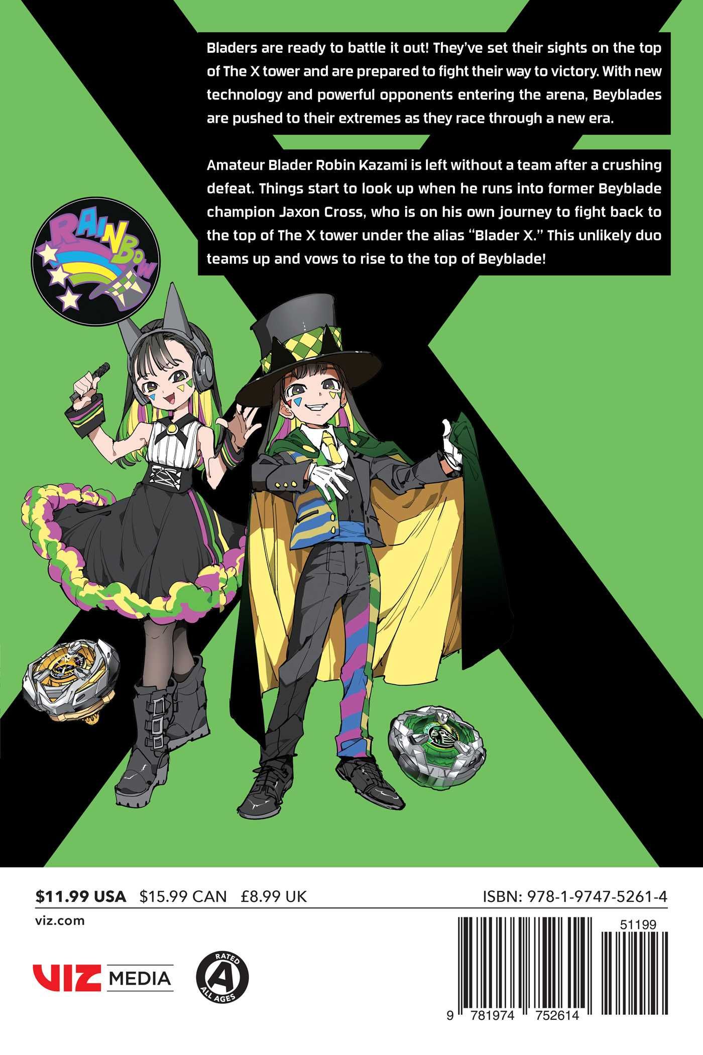 Two colorful anime bladers, a girl and a boy, stand ready to battle with their Beyblade-like tops